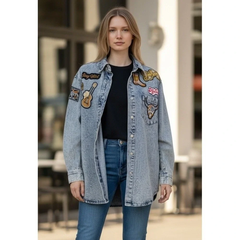 Blue‎ B Womens Acid Wash Denim Western Patch Oversized Shacket Light Blue S